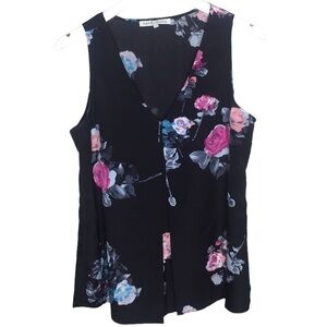 DANIEL RAINN Nordstrom Floral Rose Sleeveless Blouse With V Cut Black Sz Medium